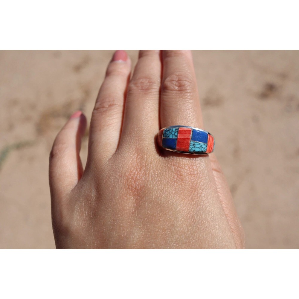 Genuine Navajo Multi Stone Inlay Ring Signed Handmade NA Jewelry Sz‎ 11US**